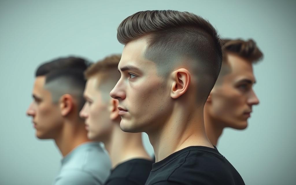 Side profile of men with stylish buzz cut hair, featuring sleek fades and clean lines for a sharp, modern look