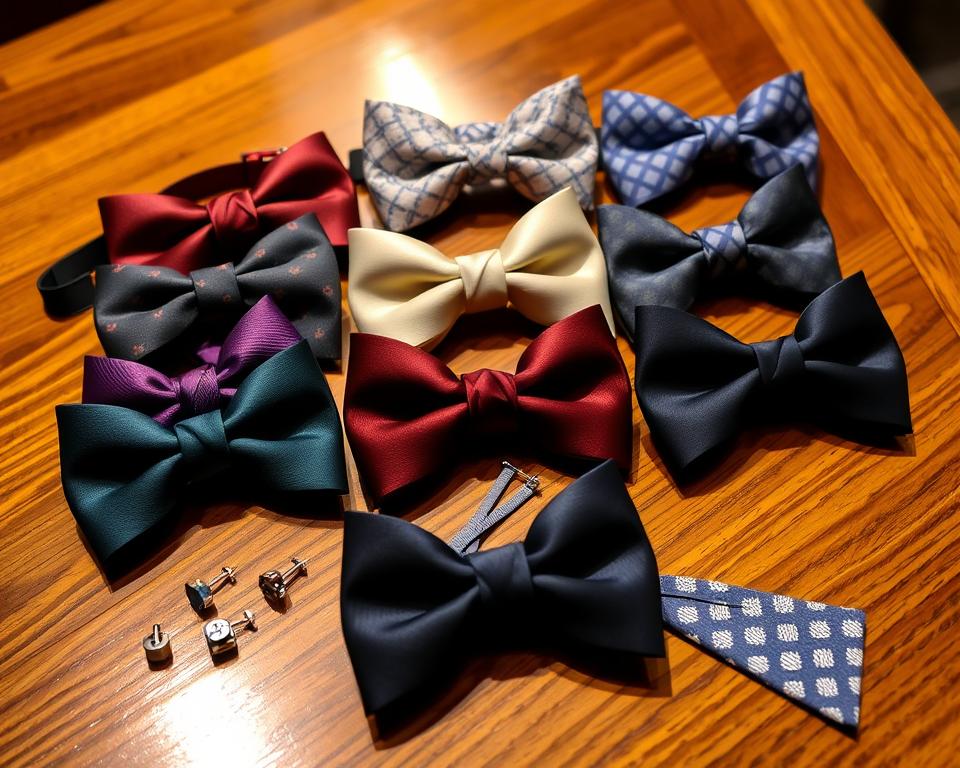 A collection of elegant butterfly bow ties displayed on a polished wooden table, featuring various luxurious fabrics like silk,