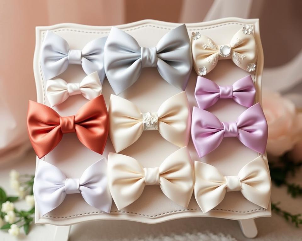 Elegantly designed butterfly bow ties arranged on a decorative display for weddings, featuring a variety of luxurious fabrics and colors