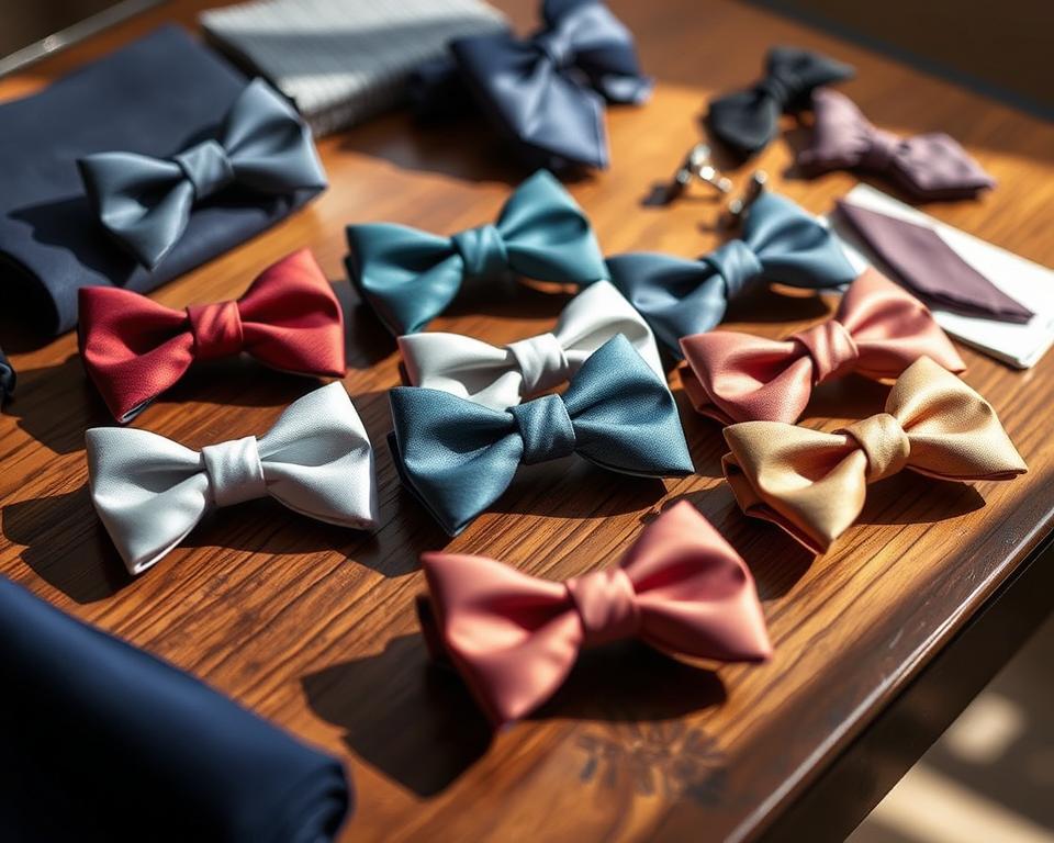 A collection of stylish butterfly bow ties displayed elegantly on a wooden table, featuring various colors and patterns, surrounded by fabric