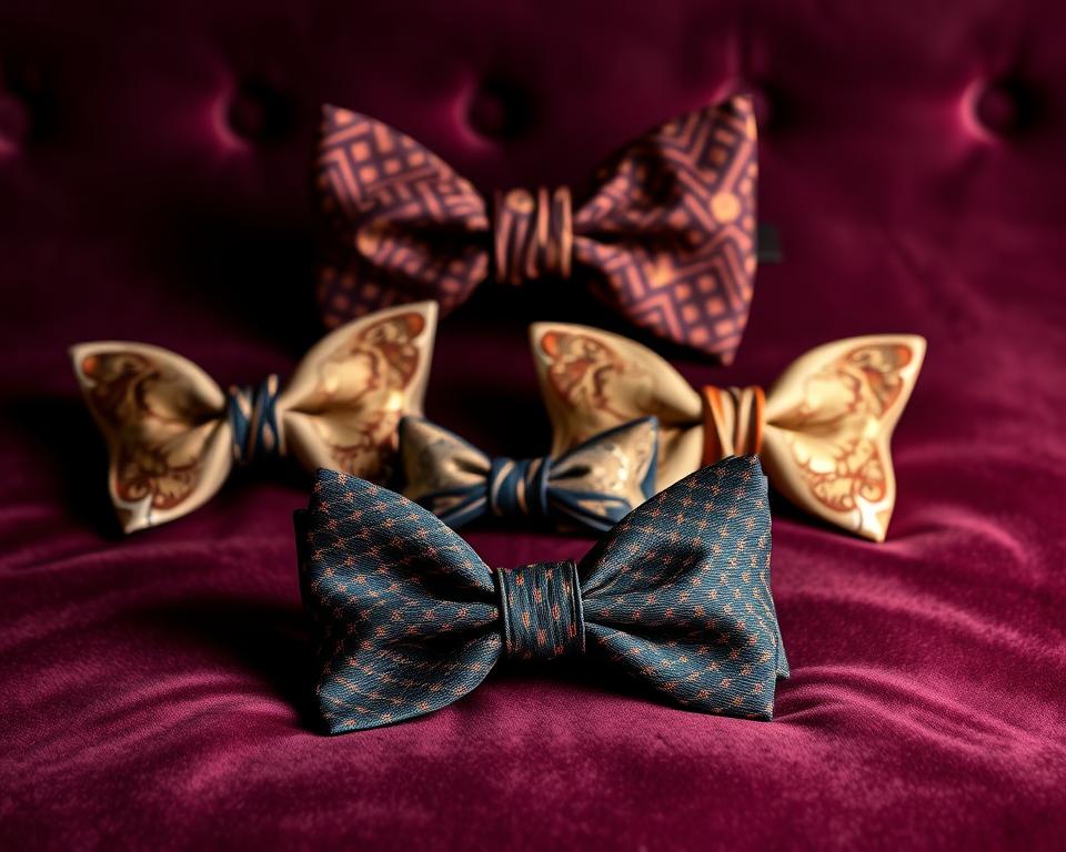 Elegant luxury butterfly bow ties displayed artfully on a plush velvet backdrop, showcasing intricate patterns and rich colors