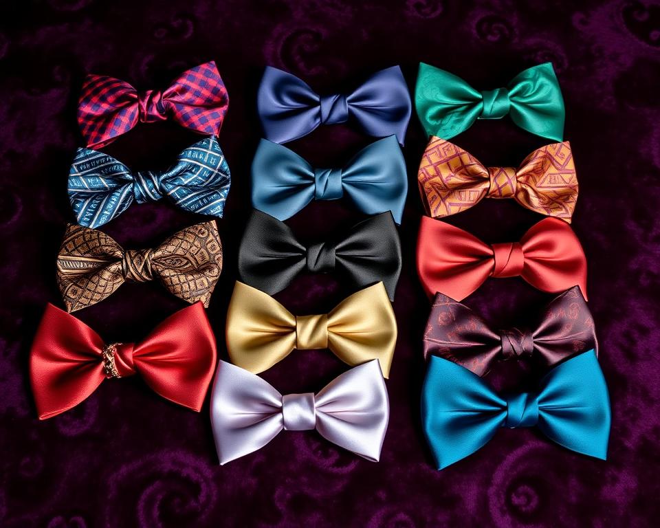 A collection of elegant silk butterfly bow ties displayed on a plush velvet background