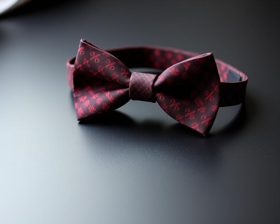 A classic butterffly bow tie elegantly displayed on a smooth black surface, featuring intricate patterns in rich colors