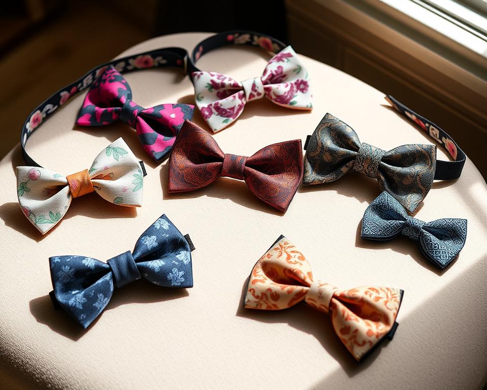 A collection of stylish butterfly bow ties displayed elegantly on a soft, textured surface, featuring unique designs such as floral patterns,