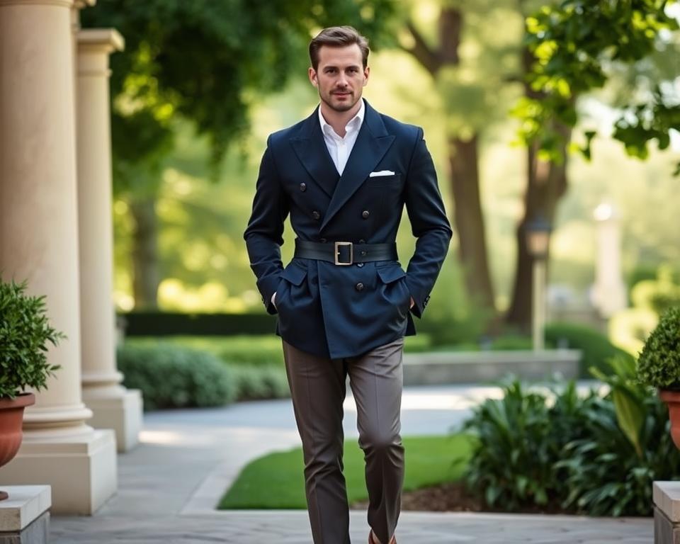 A stylish man wearing a classic Norfolk jacket, standing confidently in an elegant outdoor setting,