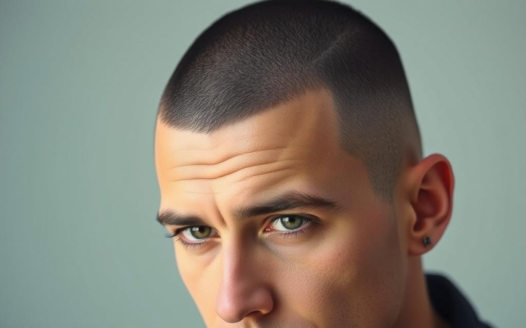 A close-up portrait of a man with a military buzz cut, showcasing clean lines and a well-maintained scalp, with a serious expression, in a neutral background that emphasizes the hairstyle