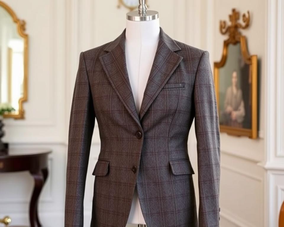 A smartly tailored Norfolk jacket displayed on a mannequin in an elegant setting