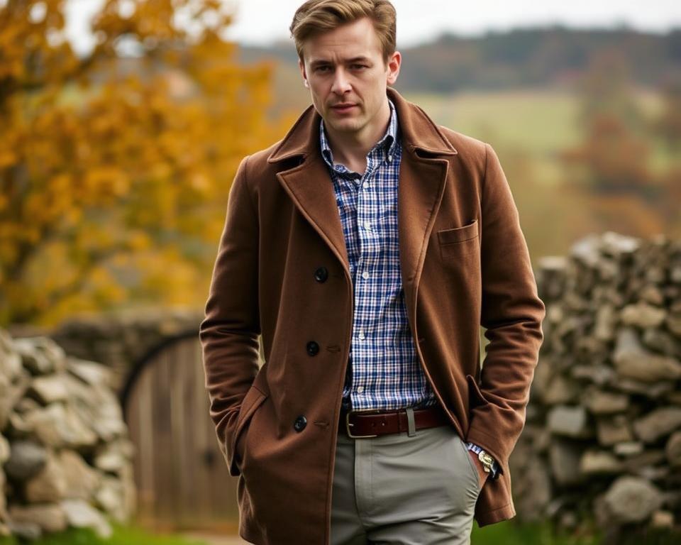 A stylish man wearing a classic Norfolk coat in a picturesque outdoor setting, showcasing the coat's distinctive features like the pleats,