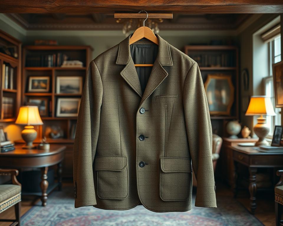 A vintage Norfolk jacket displayed on a rustic wooden hanger