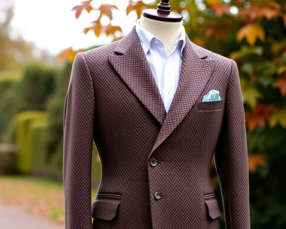 A stylish men's tweed jacket featuring a classic Norfolk design