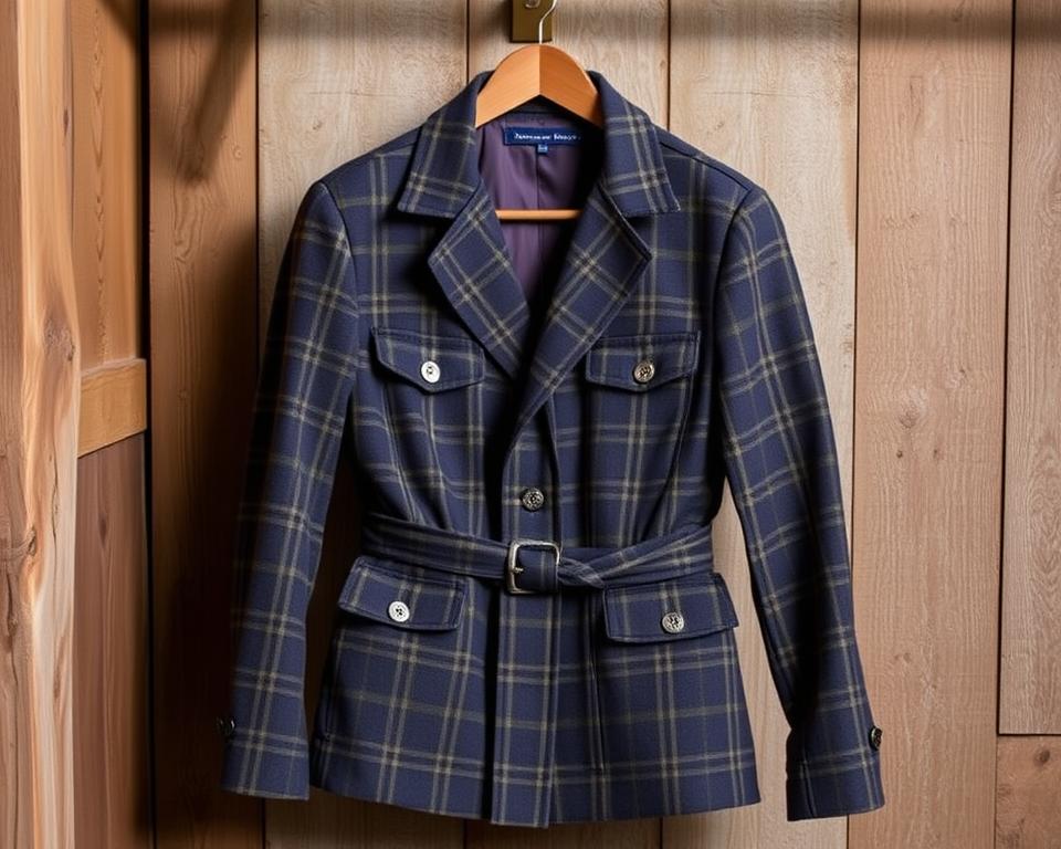 A classic Norfolk style jacket displayed on a wooden hanger, featuring a belted waist, patch pockets, and a distinctive tartan pattern