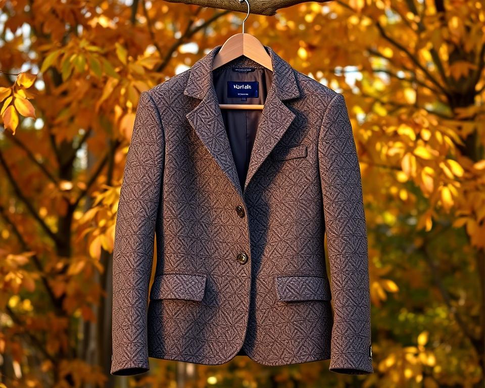 A stylish tweed Norfolk jacket displayed on a rustic wooden hanger