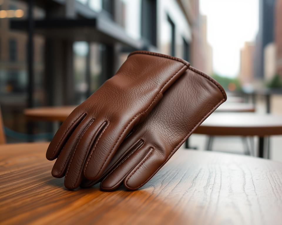 Stylish men's brown leather gloves, elegantly displayed on a wooden table