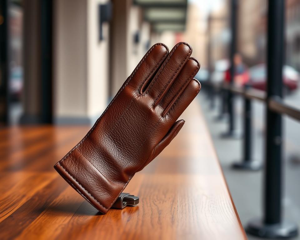 Stylish brown leather men's gloves displayed elegantly on a polished wooden surface,