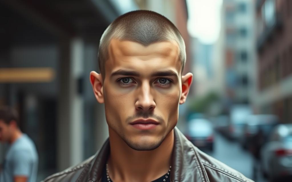 A stylish male celebrity with a buzz cut hairstyle, showcasing a confident expression, standing in an urban setting with soft natural lighting, highlighting the texture and clean lines of the buzz cut