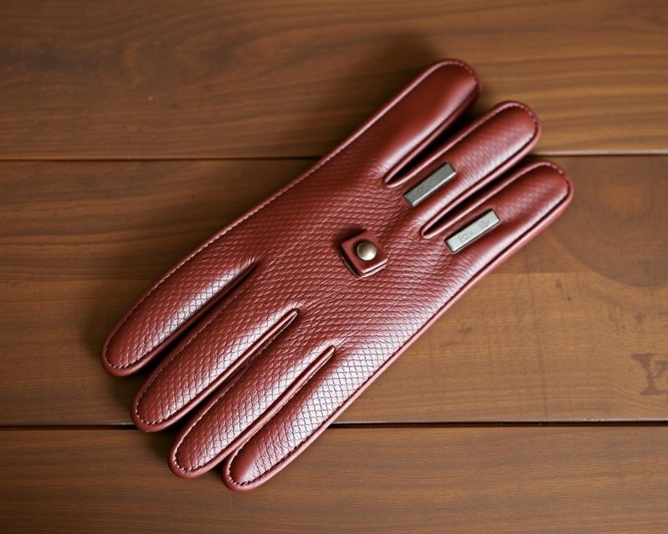 Elegant brown leather gloves for men, finely textured surface, luxurious stitching details