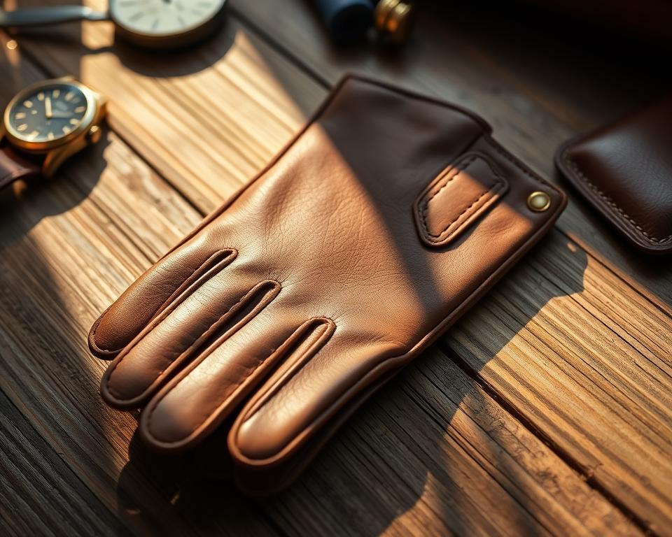 A close-up view of a stylish pair of brown leather gloves for men