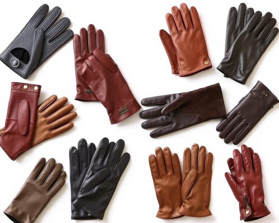 A collection of stylish brown leather gloves for men, featuring various designs: classic driving gloves