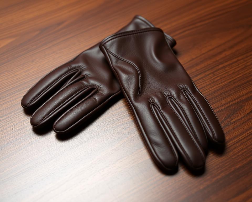 A pair of stylish brown leather gloves for men, showcasing intricate stitching details