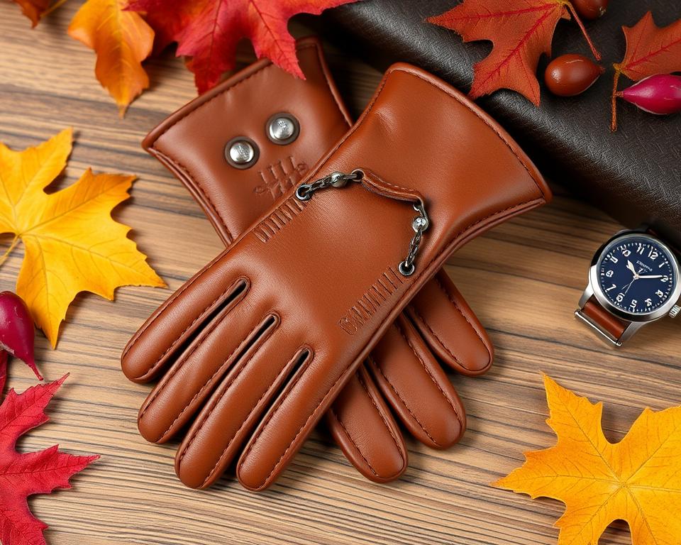 Stylish brown leather gloves for men, elegantly displayed on a wooden surface