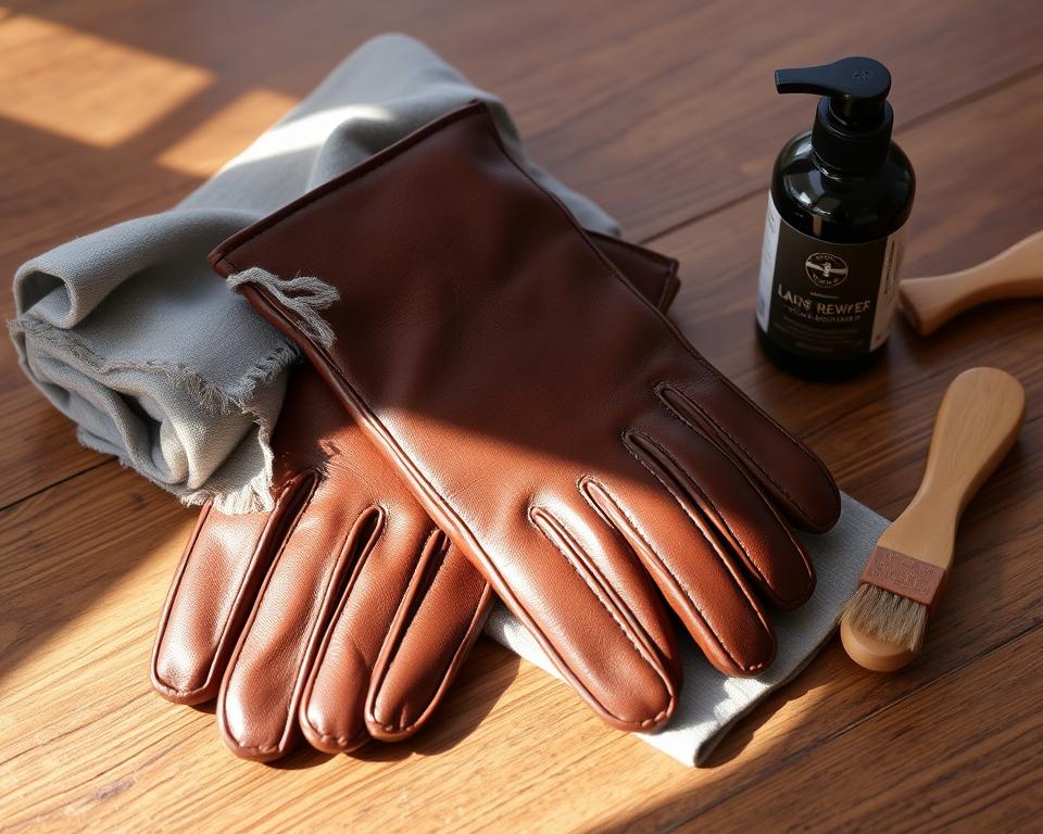 A pair of stylish brown leather gloves resting on a wooden table, surrounded by a soft cloth