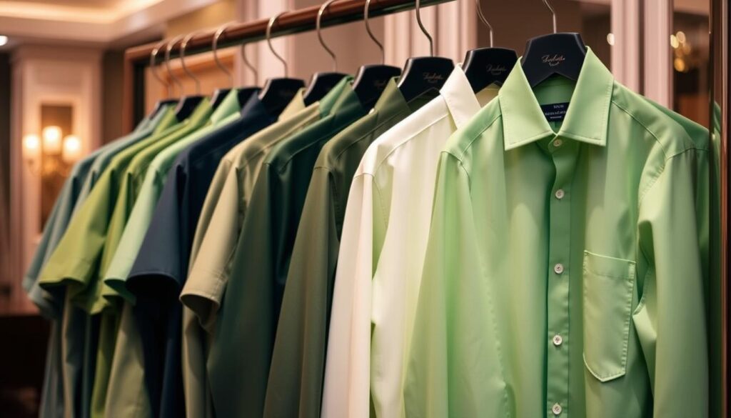 A collection of stylish green dress shirts displayed on a rack, showcasing various shades and fabrics