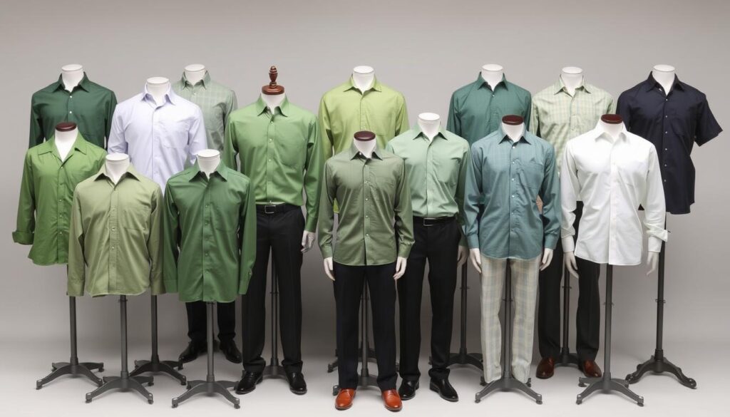 A collection of green dress shirts displayed on mannequins representing various body types, featuring a variety of styles and fits