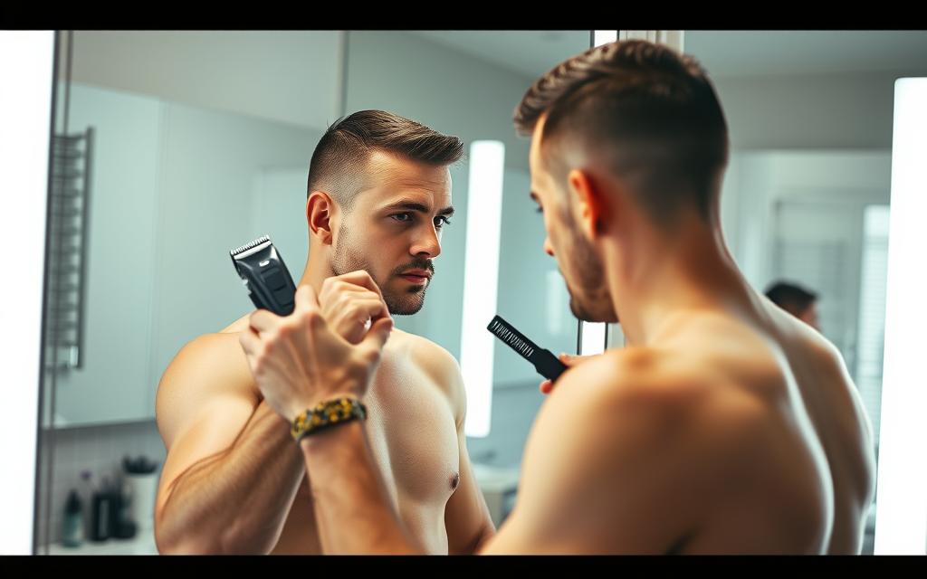 A man standing in front of a bathroom mirror, holding clippers with one hand and a comb in the other, focused on cutting his own buzz cut.