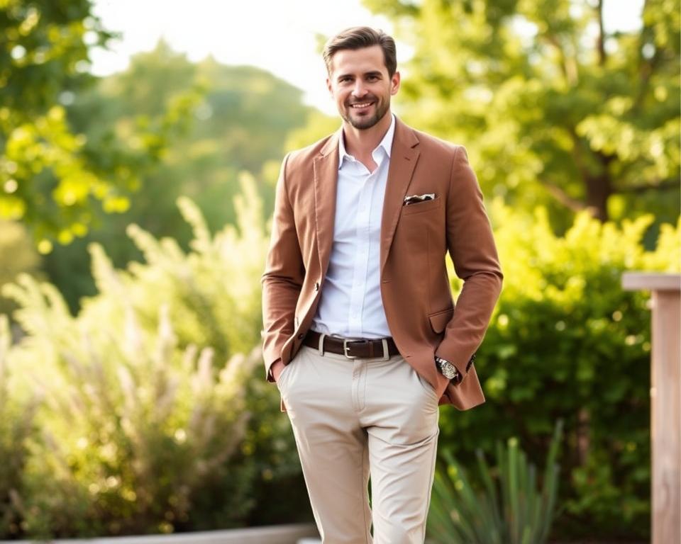 Men's khaki blazer outfit styled for a casual outdoor event, featuring a tailored khaki sport coat