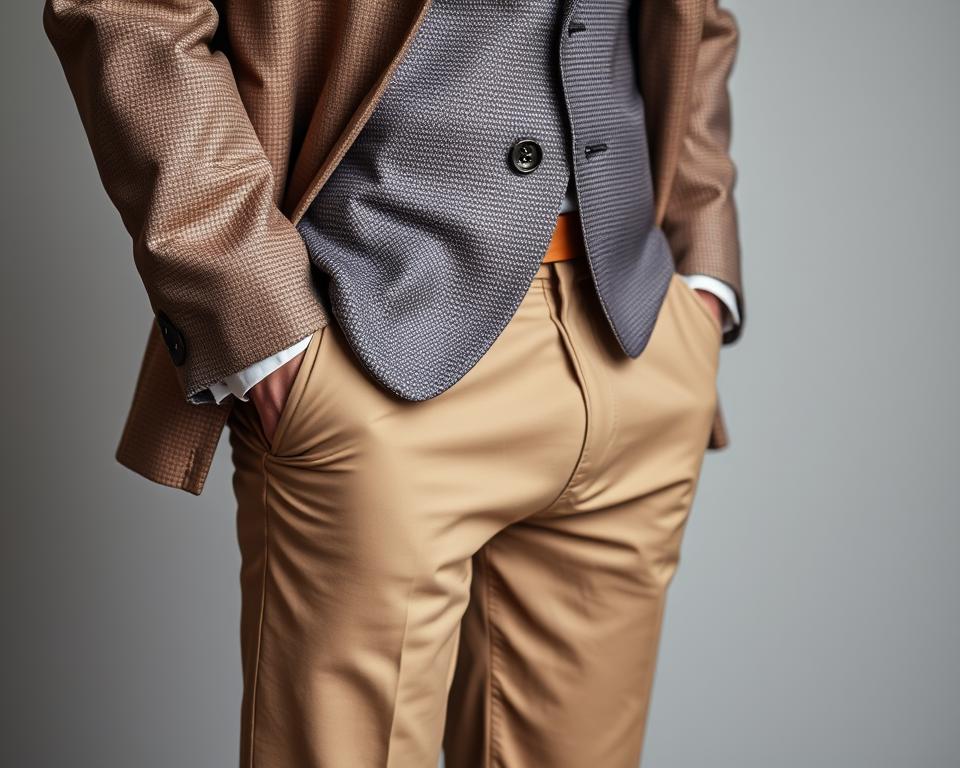 A close-up shot of a well-tailored sport coat draped over a stylish pair of khaki pants