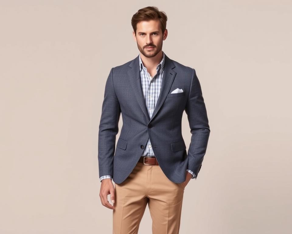 A stylish man wearing a tailored sport coat paired with well-fitted khaki trousers