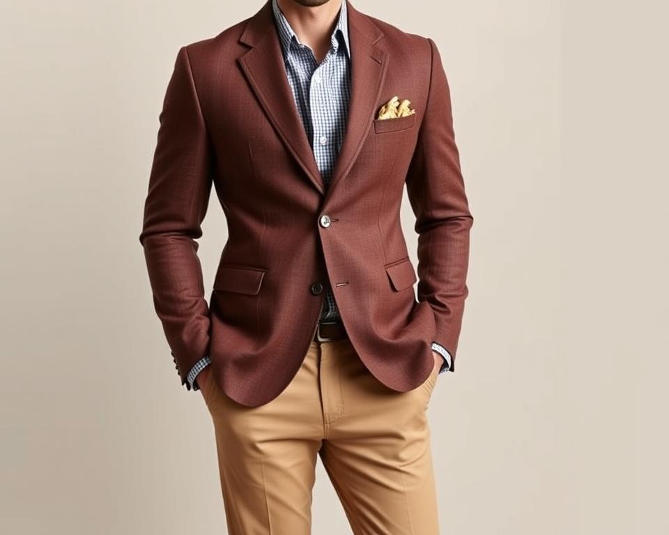 A fashionable men's sport coat in a tailored fit, paired with classic khaki trouser