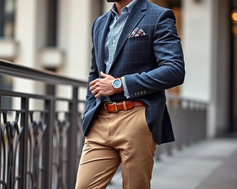 A stylish men's outfit featuring a tailored sport coat and khakis, accessorized with a leather belt