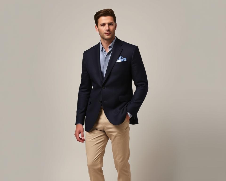 A stylish man wearing a tailored sport coat in a rich navy color, paired with light beige khakis,