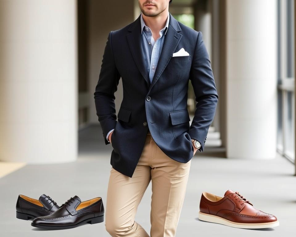 Stylish man wearing a tailored sport coat paired with khaki trousers,