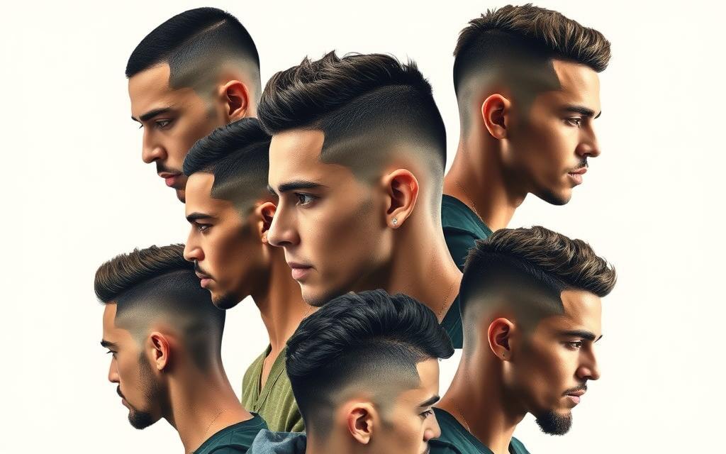 A dynamic collage showcasing various buzz cut hairstyles for men, featuring diverse models with different skin tones and hair textures