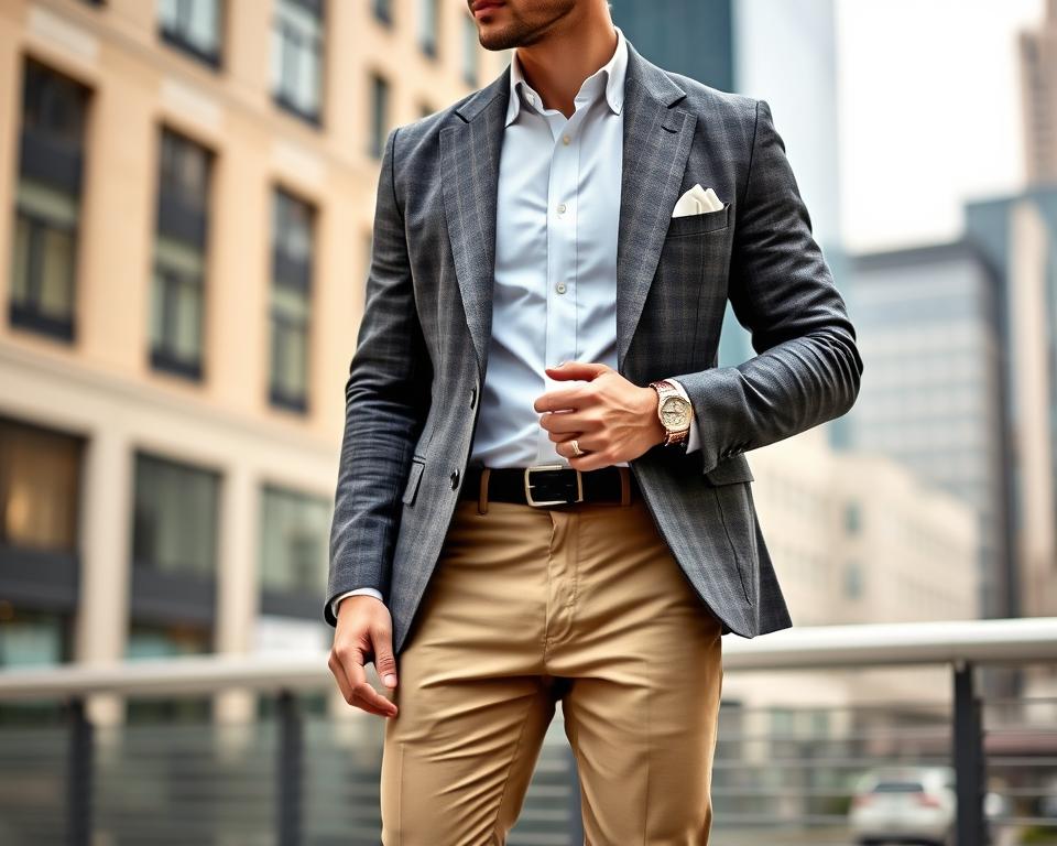 A stylish man wearing a tailored sport coat over a crisp button-up shirt, paired with well-fitted khaki