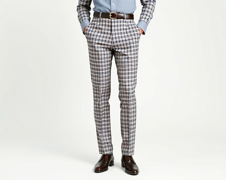 Elegant houndstooth trousers displayed on a clean, minimalist background, showcasing the classic black and white pattern