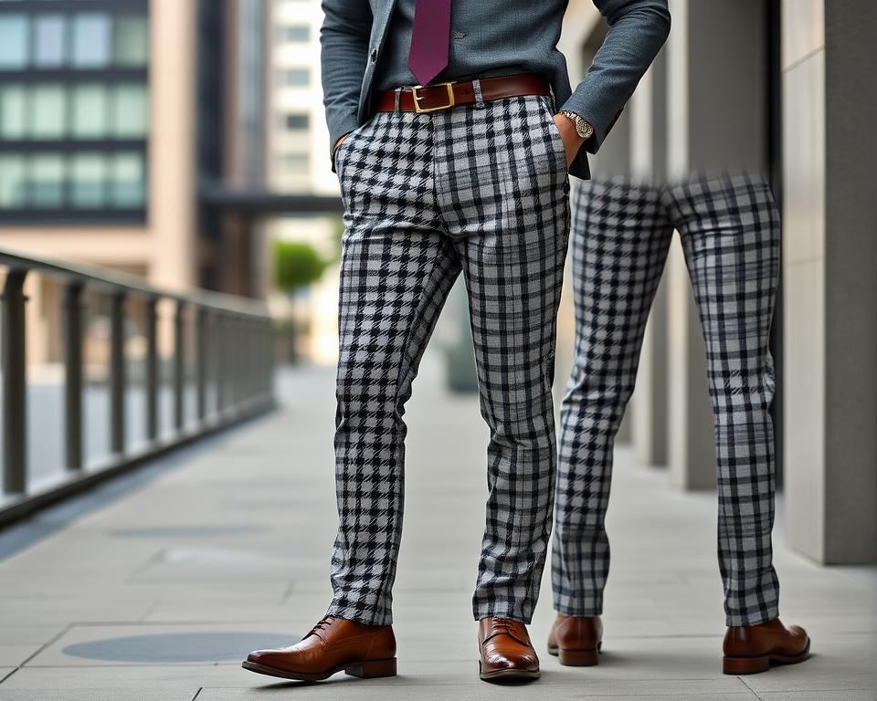 High-quality men's houndstooth pants displayed on a stylish model, showcasing a perfect fit and luxurious fabric in a modern urban setting