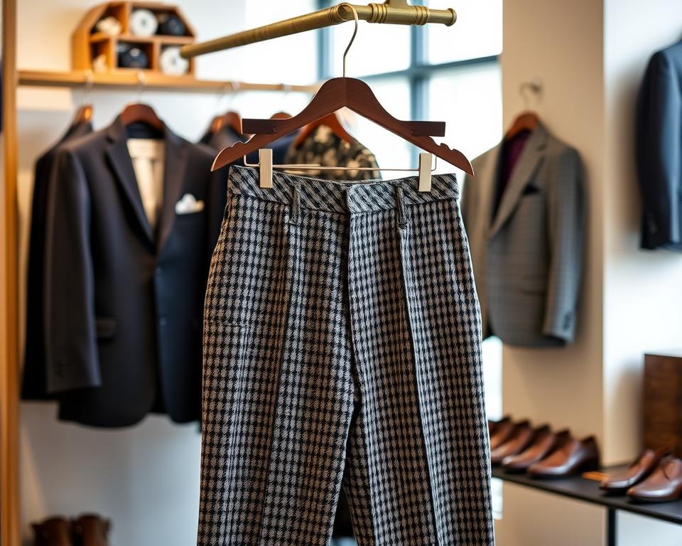 Stylish men's houndstooth pants displayed on a sleek wooden hanger, surrounded by tailored blazers and dress shoes