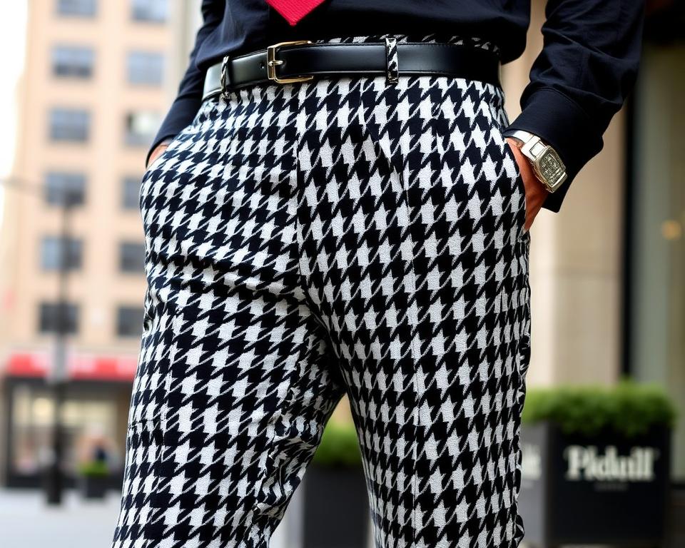 Stylish men's houndstooth pants displayed in a modern, minimalist setting, showcasing intricate patterns and textures