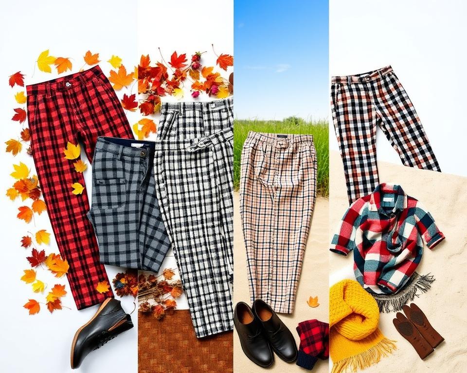 A stylish display of men's houndstooth pants arranged across various seasonal settings, showcasing the versatility of the fabric