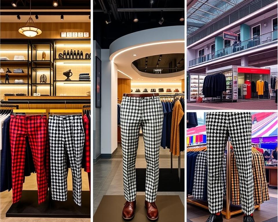 A stylish display of men's houndstooth trousers showcased in a variety of vibrant retail environments, including a chic boutique with elegant lighting