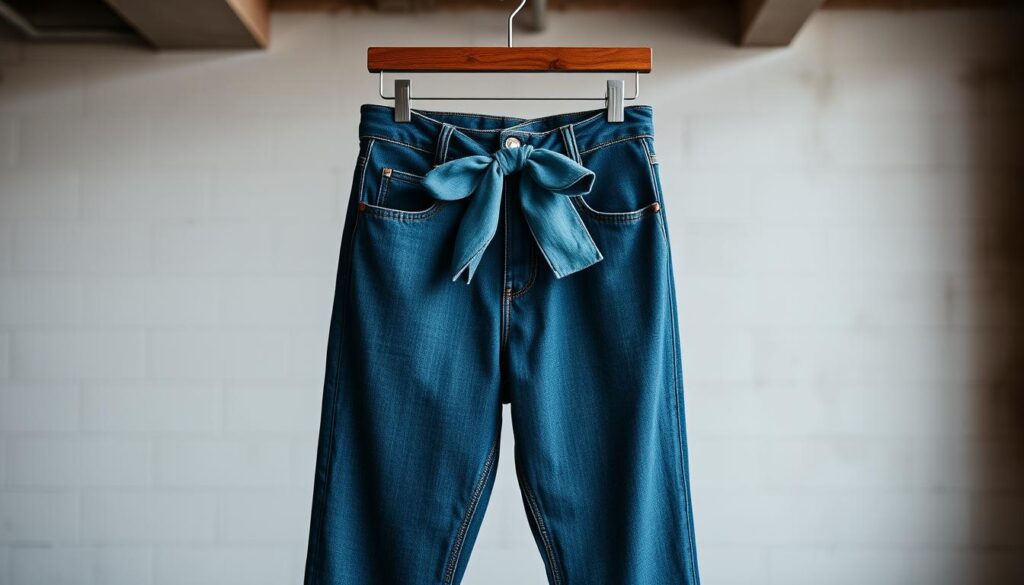 A pair of stylish men’s bow jeans hanging on a vintage wooden rack