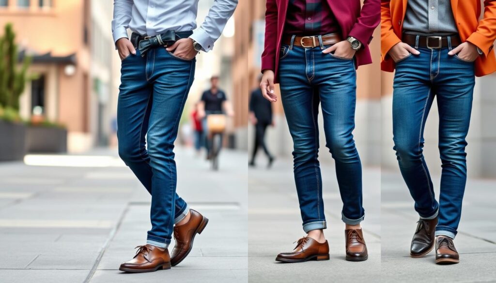 A pair of stylish bow jeans for men, featuring a modern cut with a unique bow detail at the waist