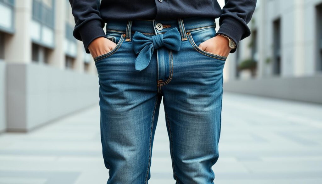 A stylish pair of men’s bow jeans, featuring a modern and fashionable design with unique bow detailing at the waist,