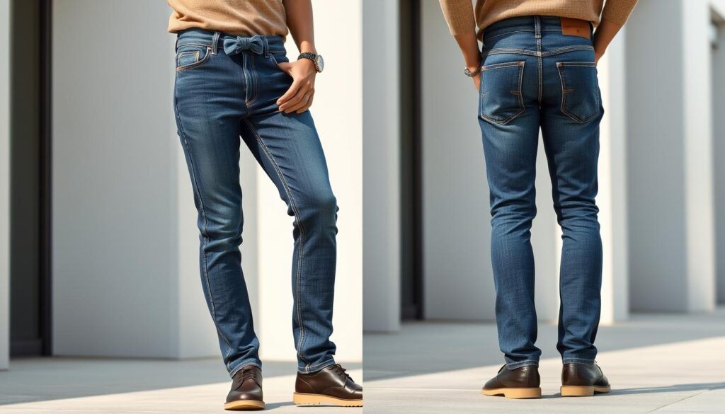 Stylish men's bow jeans featuring a modern cut, showcasing a unique bow detail at the waist