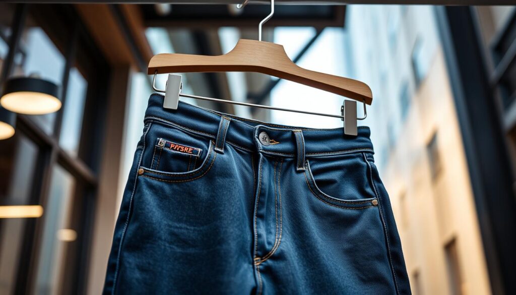 High-quality men's bow jeans showcased on a stylish wooden hanger, featuring intricate stitching and a modern fit