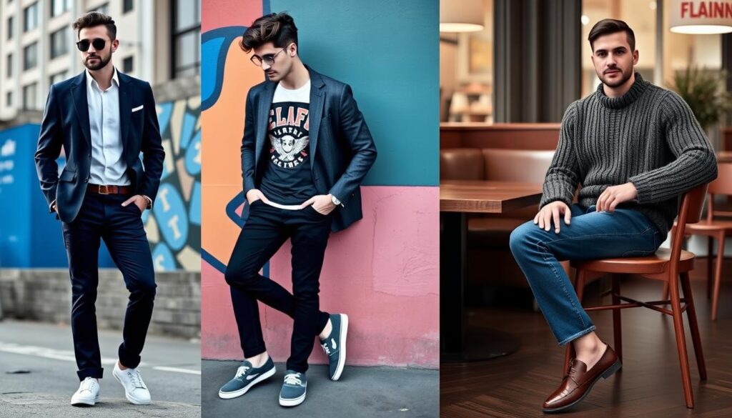 A stylish man wearing bow jeans paired with a fitted blazer and a casual shirt, standing against an urban backdrop, showcasing a relaxed yet trendy look