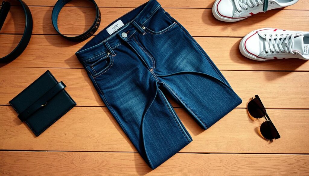 A stylish flat lay of men's bow jeans on a wooden surface, surrounded by accessories like a trendy belt, sunglasses, and sneakers